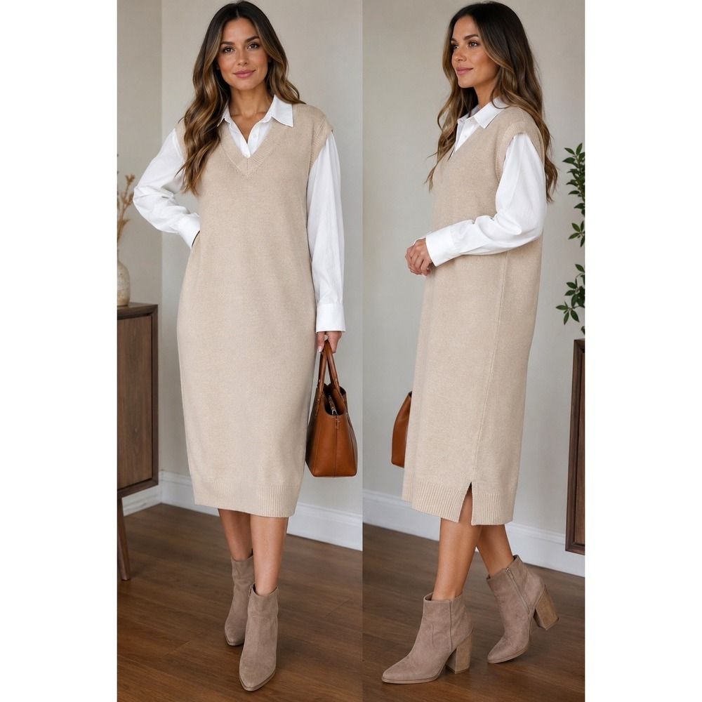 By the River Women's Size M Beige Sweater Vest Shirt Dress Layered Midi